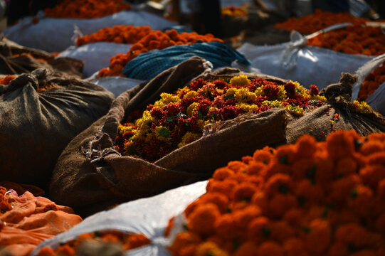 Flower bundles at a market in India