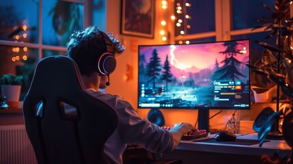 Fototapeta premium young man playing pc video game at home with headphones in gaming chair near monitor mouse and colorful lights at night back view