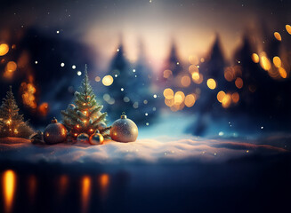 Fototapeta premium Two small decorated Christmas trees sit in the snow with twinkling lights reflecting in the background.
