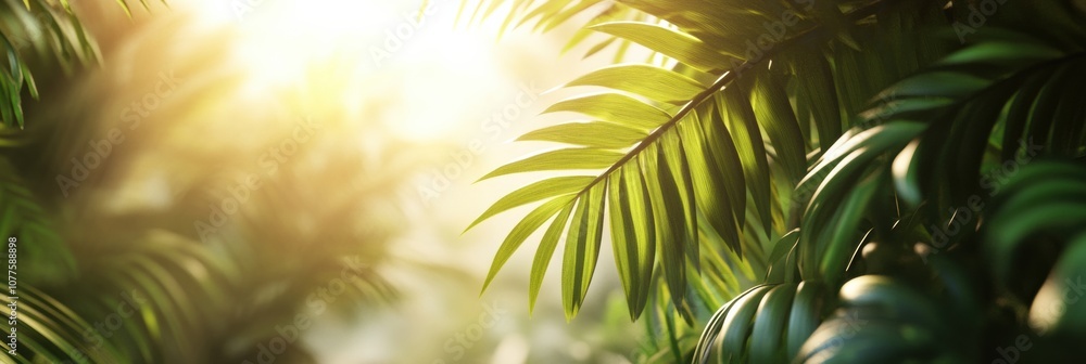 Poster sunlight streams through the dense foliage of a tropical forest, illuminating rich green leaves in a
