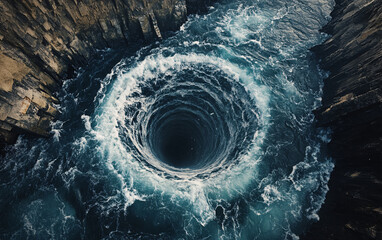 Aerial View of a Dramatic Whirlpool in Dark Turbulent Waters, Capturing Nature's Powerful Aquatic Phenomenon