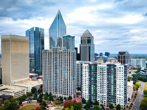 Aerial View of Charlottes Modern Skyline Set Against Dark, Dramatic Cloudy Skies Above - CHARLOTTE, NC - OCTOBER 27, 2024