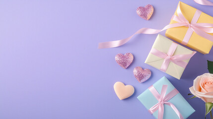 Valentines Day Flat Lay with Roses and Gift Boxes on Purple Background