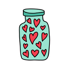 Glass jar love poison bottle with red hearts inside isolated on white in doodle style. Drawn love poison for Valentines Day, weddings. Use love poison for enchanting romance and special celebrations