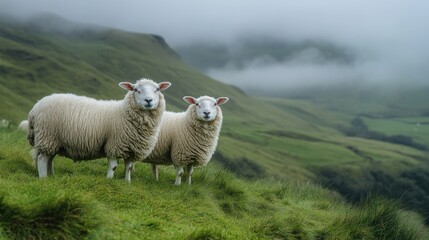 Fototapeta premium Two sheep standing on a grassy hillside in a misty landscape.