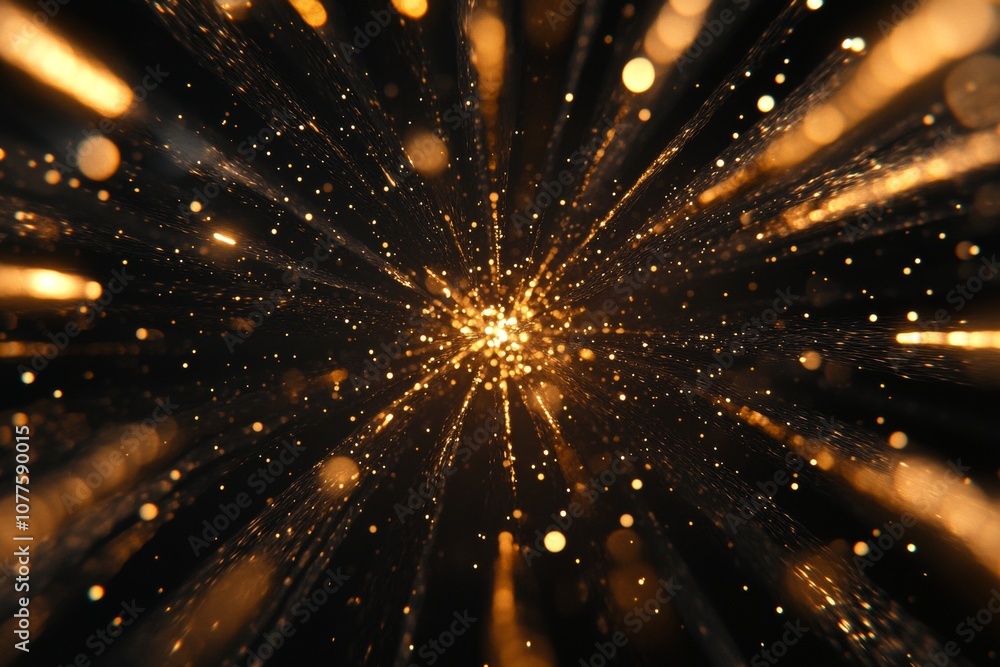 Poster dynamic golden fireworks display with glowing particles and explosive sparks on black background