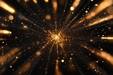 Dynamic golden fireworks display with glowing particles and explosive sparks on black background