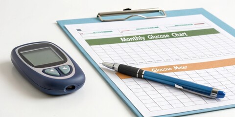 A snapshot of a healthcare tool kit featuring a printed monthly glucose chart a glucose meter and a pen for noting daily readings.