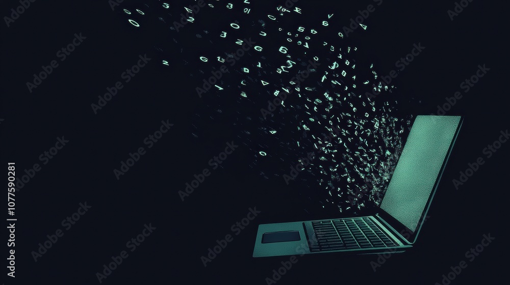Poster a laptop silhouette releases cascading numbers, illustrating the themes of computer services, digita