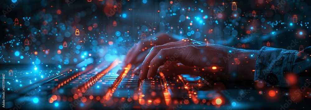Poster businessman typing on keyboard with digital security symbols and padlock icons for online data prote