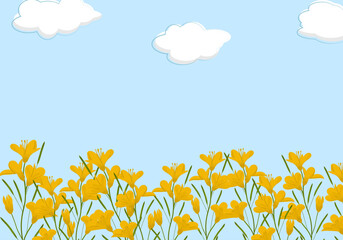 Obraz premium Sunny day with blue sky and yellow flowers and green leaves 