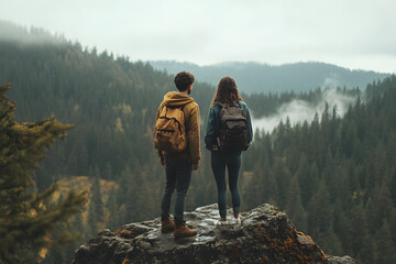 An adventurous young couple standing on a cliff.