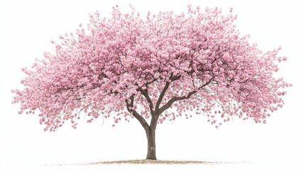 A single blooming cherry blossom tree with pink flowers against a white background.