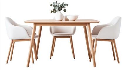 Modern dining table with fabric-covered chairs, high-quality wood design, isolated on white for kitchen and dining room product ads