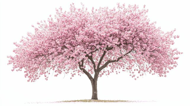 A single blooming cherry blossom tree with pink flowers against a white background.