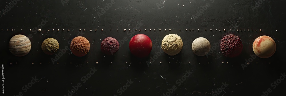 Poster nine colorful spheres arranged in a row on a dark surface.
