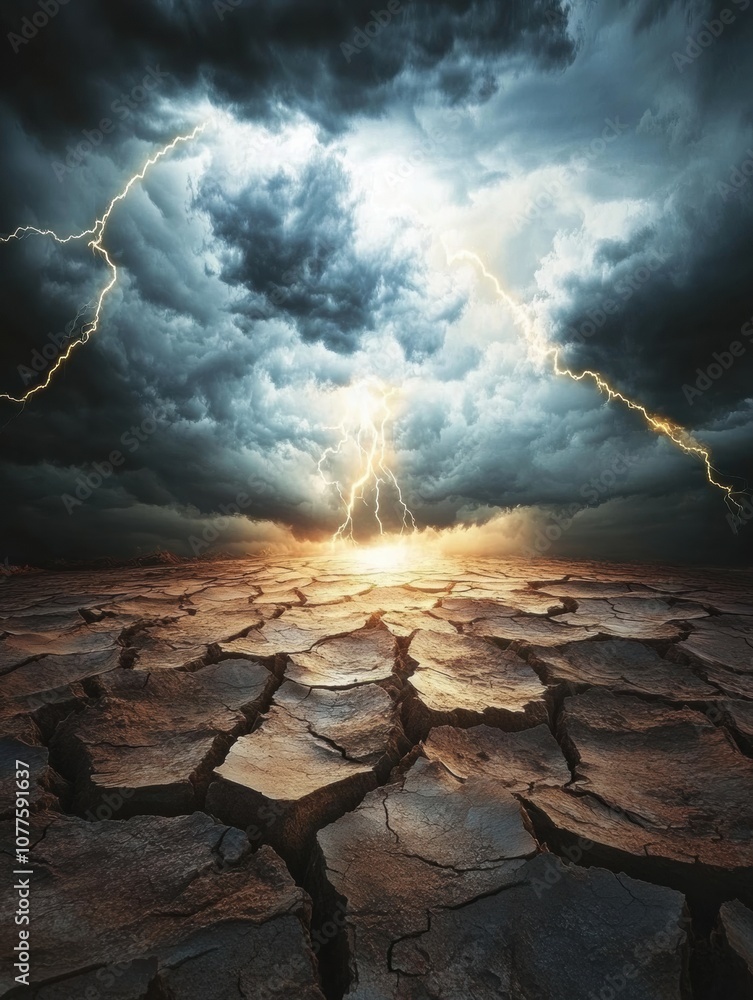 Poster dark clouds gather ominously above a parched desert terrain, illuminated by brilliant flashes of lig