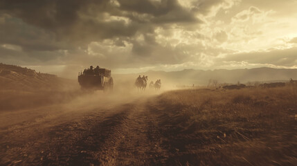 Fototapeta premium Open on a dusty trail in the Old West. A line of wagons train moves slowly kicking up clouds of dirt. 