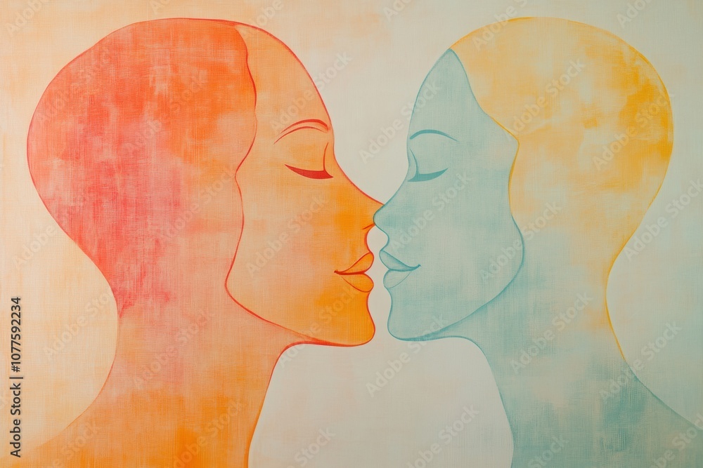 Leinwandbilder Two abstract silhouettes face each other in soft pastel colors, highlighting themes of empathy and connection through visual expression. Generative AI