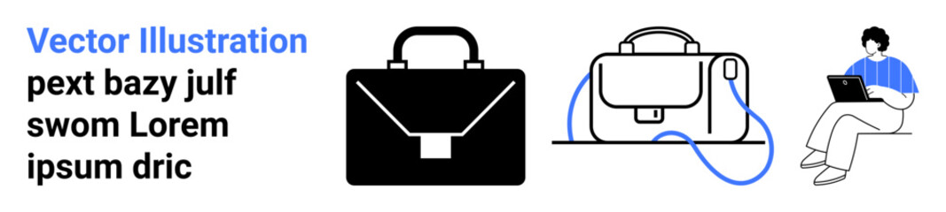 Sleek black briefcase, stylish handbag, person using laptop. Ideal for business, travel, fashion, technology, remote work e-learning finance. Landing page