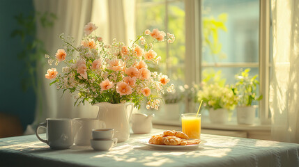 Flower, flower arrangement, art, scene, vase, beautiful, gorgeous, life, four seasons, spring, summer, autumn, winter, breakfast, living room, dining table, dining room, flower, bouquet, yellow,