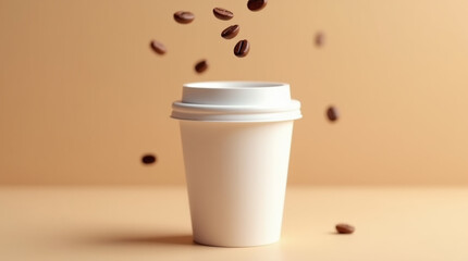 Disposable coffee cup with fresh coffee beans and simple background