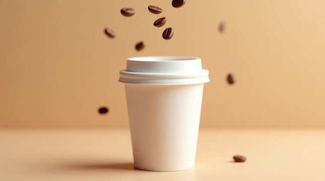 Disposable coffee cup with fresh coffee beans and simple background