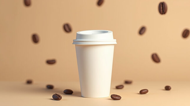 Disposable coffee cup with fresh coffee beans and simple background