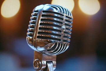 Close-up of a Vintage Silver Microphone with a Blurry Background
