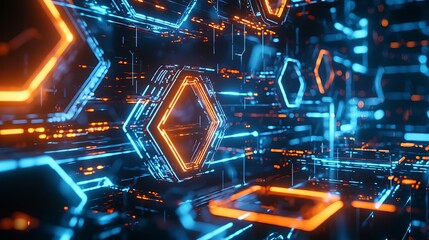 Abstract digital background with glowing lines and hexagons in blue and orange.
