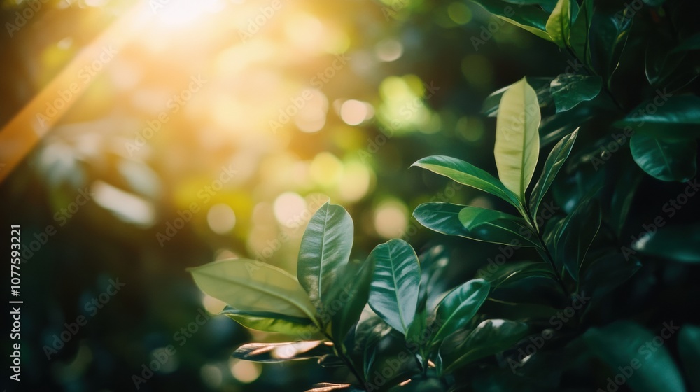 Poster sunlight streams through dense leaves in a tropical forest, creating a mesmerizing play of light and