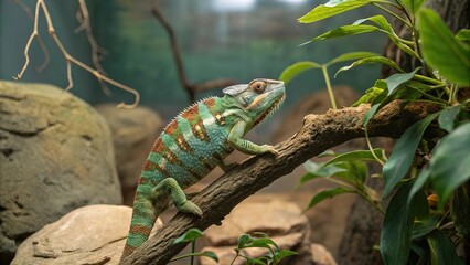 Panther chameleon in a naturalistic habitat with rocks and plants surrounding it, animal, reptile, tropical ecosystem