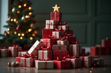 Christmas gifts laid out in the shape of a Christmas tree with a star on a background of a Christmas tree. Christmas tree made from gifts. A mountain of New Year's gifts with decorations and garland.