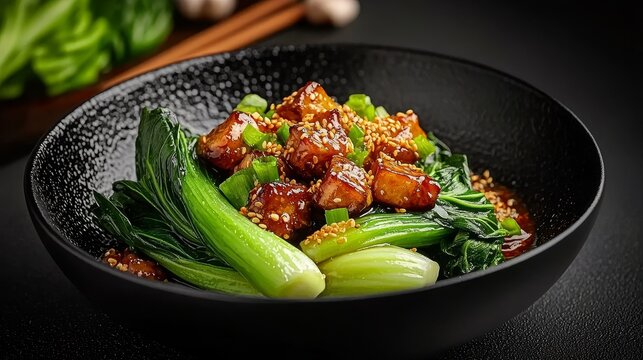 Close-up of steamed baby bok choy in glossy oyster sauce, paired with tender shitake mushrooms and golden fried garlic, intense texture and shine