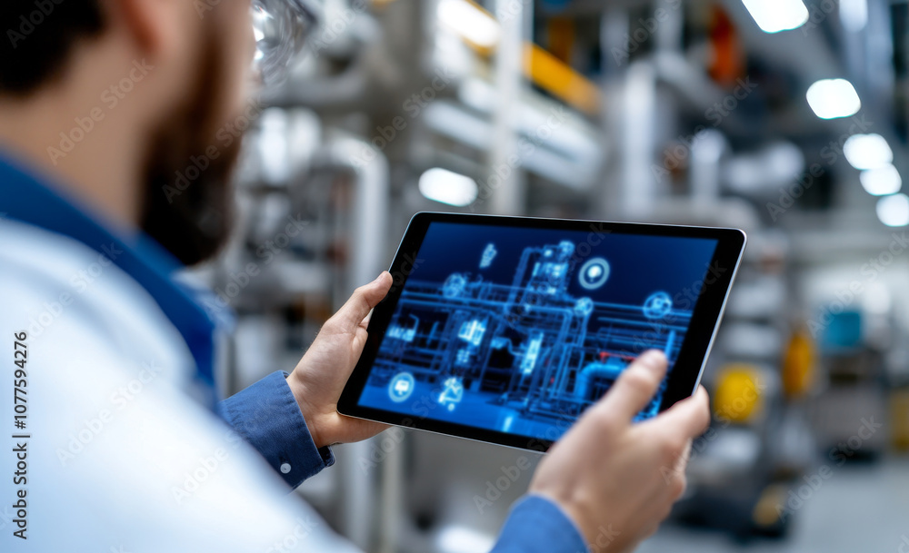 Aufkleber engineer analyzes industrial data using a tablet to enhance operational efficiency in manufacturing