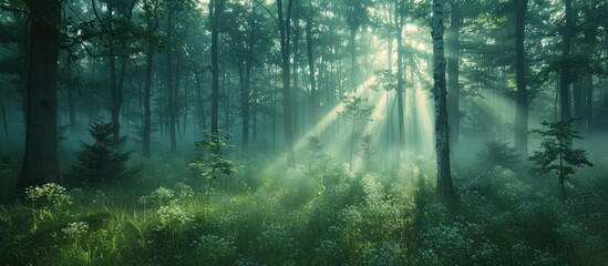 Fototapeta premium Sunbeams Through a Misty Forest