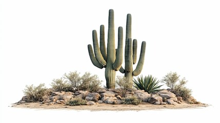 Saguaro Cactus and Desert Landscape with Rocks and Bushes