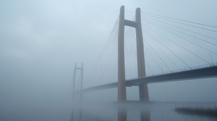 A suspension bridge shrouded in fog on a misty morning.