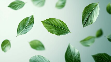 Naklejka premium Green Leaves Falling Against a Soft Blue Background