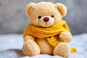 Obraz premium Cute Teddy Bear Wearing Yellow Scarf on White Blanket