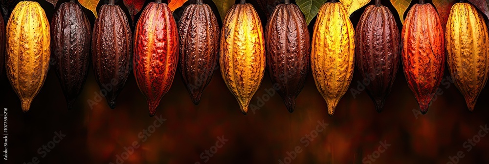 Poster close-up of cocoa pods hanging on a branch.