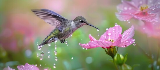 Fototapeta premium Hummingbird Feeding on Pink Flower with Raindrops