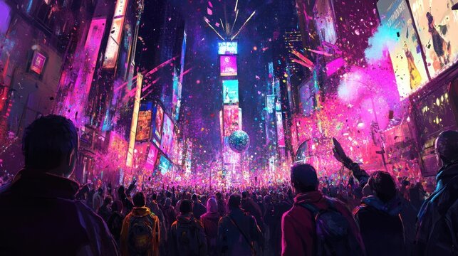 A crowd cheers as a giant ball drops in Times Square at midnight, celebrating the New Year.