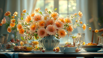 Flower, flower arrangement, art, scene, vase, beautiful, gorgeous, life, four seasons, spring, summer, autumn, winter, breakfast, living room, dining table, dining room, flower, bouquet, yellow,