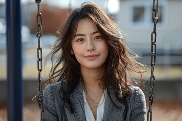 Japanese Woman in Suit Smiling on Playground Swing