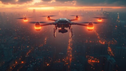 Drone Flying Over City at Sunset