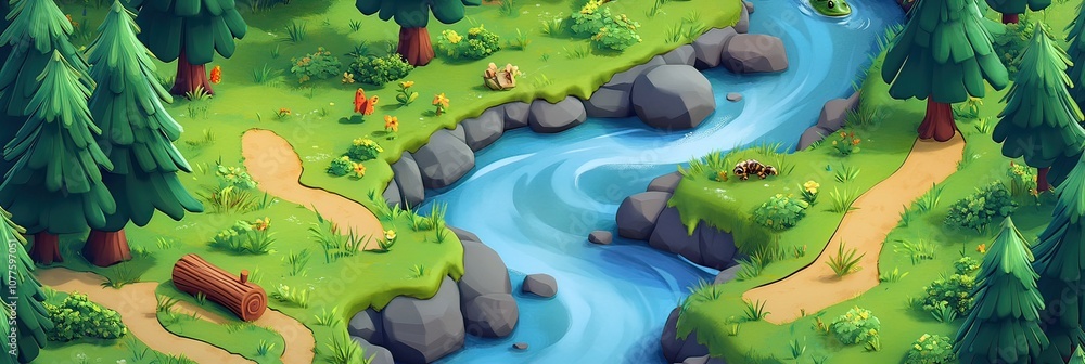 Poster a winding river flows through a lush green forest with a dirt path along the side.