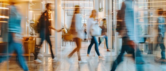 Group of people working in office with blurred motion, AI generated image