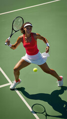 A determined young female tennis player poised to hit a ball on a bright court. Ideal for sports marketing, fitness promotion, and empowering women in sports, copy space