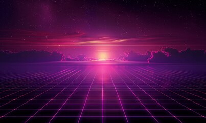 Retro 80s Sci-Fi Futuristic Grid Background Purple Neon Digital Landscape